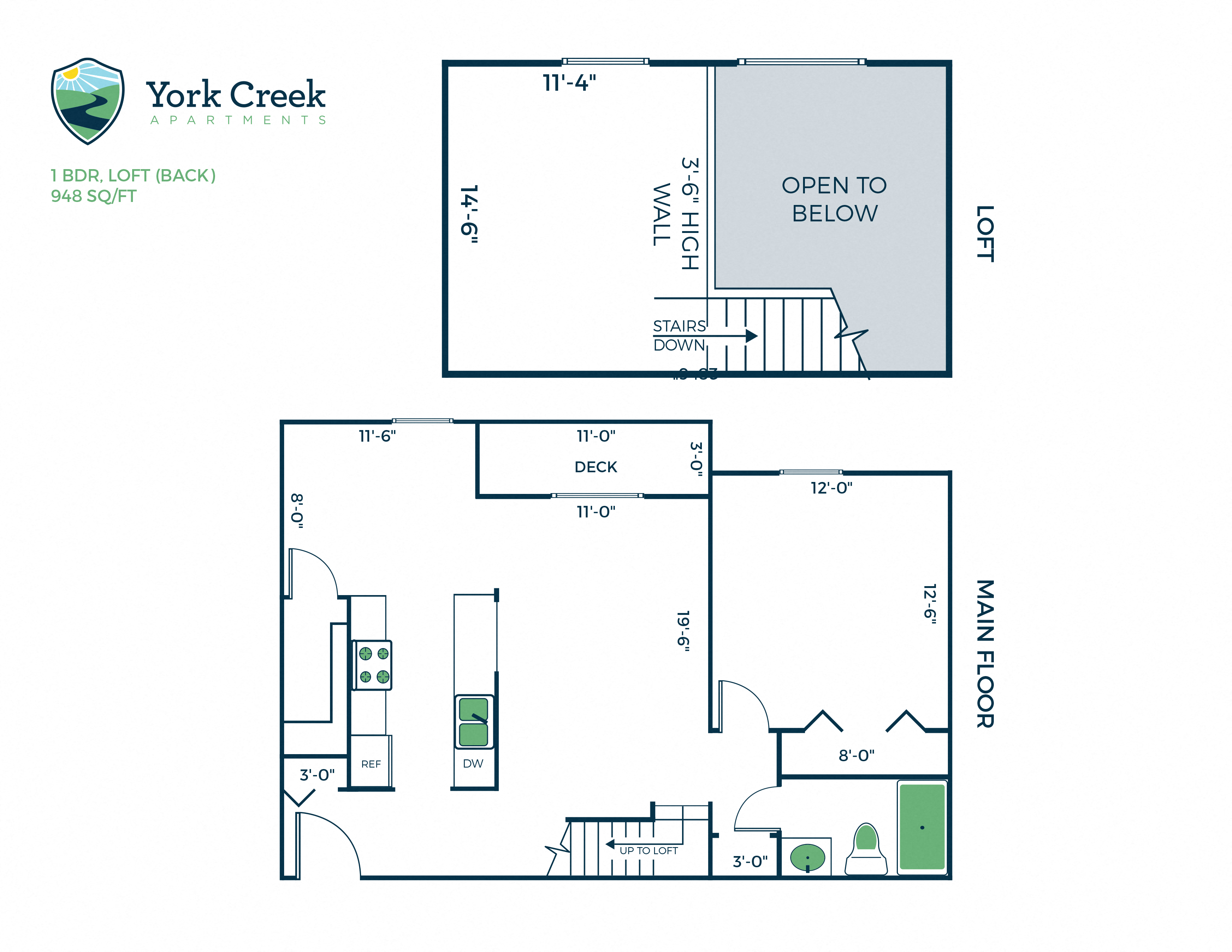 Floor plan for 1 bed, 1 bath, 949 sqft